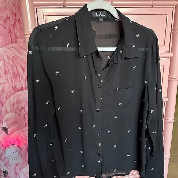 Lulu's Black Button Down Shirt with White Star Accents - Picture 5 of 8